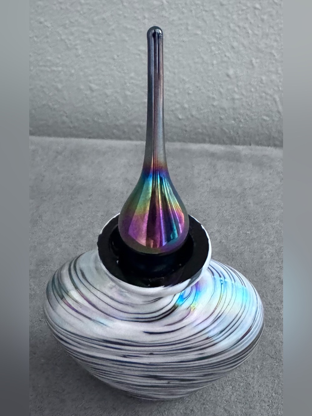 Iridescent Black-White Art Glass Perfume Bottle with Multicolor Finial